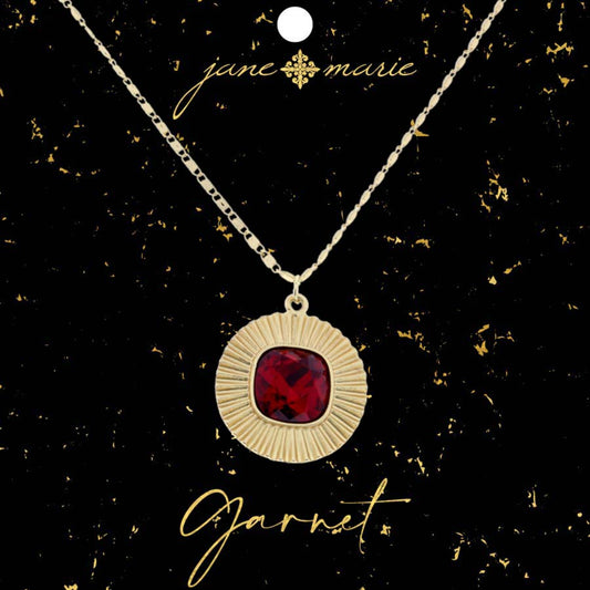 16" Square Garnet Crystal with Circle Decorative Edging Necklace, 3" Ext