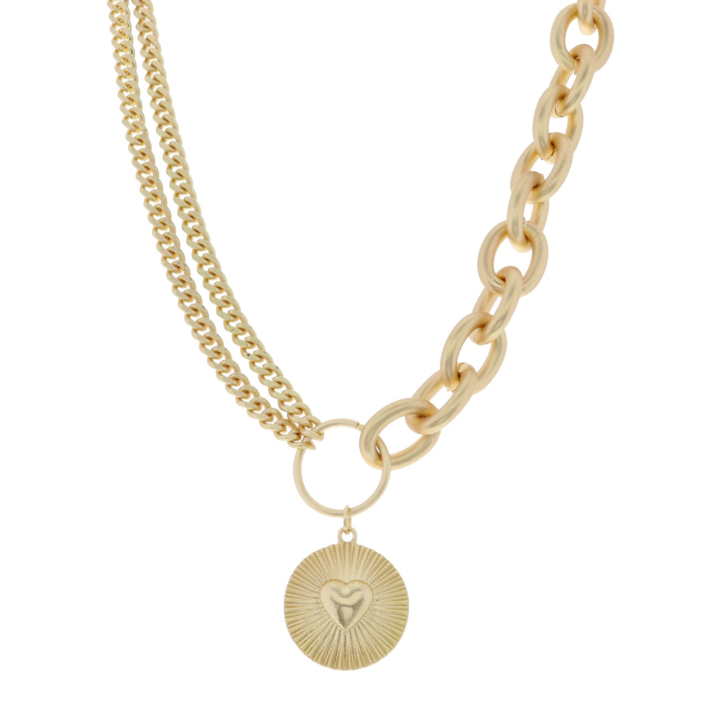 16" Small Heart on Textured Disc Necklace, 3" Ext