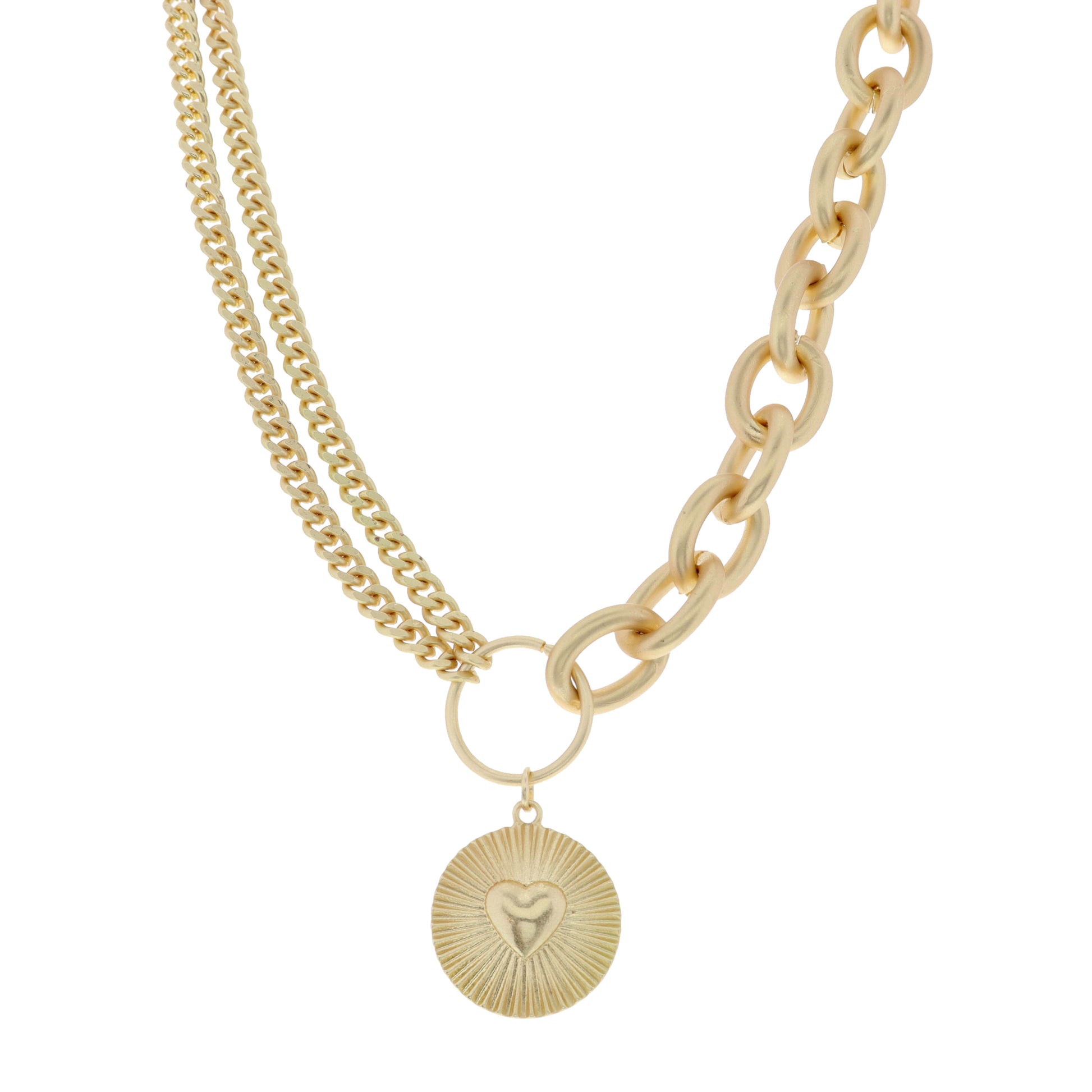 16" Small Heart on Textured Disc Necklace, 3" Ext