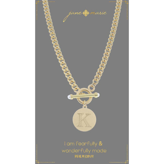 18" Engraved Initial "K" with Pearl Embellished Toggle Necklace