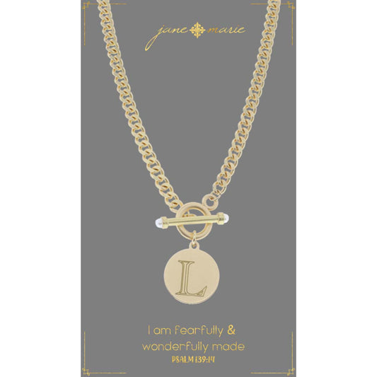 18" Engraved Initial "L" with Pearl Embellished Toggle Necklace