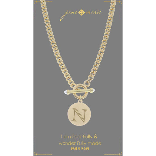 18" Engraved Initial "N" with Pearl Embellished Toggle Necklace