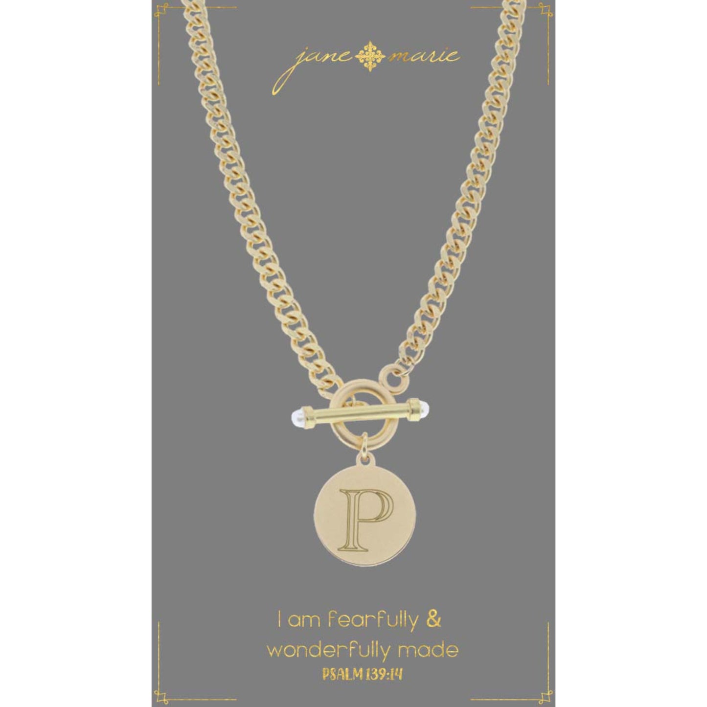 18" Engraved Initial "P" with Pearl Embellished Toggle Necklace