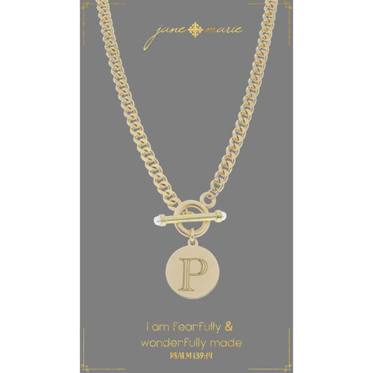 18" Engraved Initial "P" with Pearl Embellished Toggle Necklace
