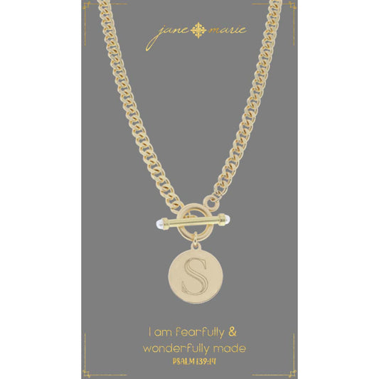 18" Engraved Initial "S" with Pearl Embellished Toggle Necklace