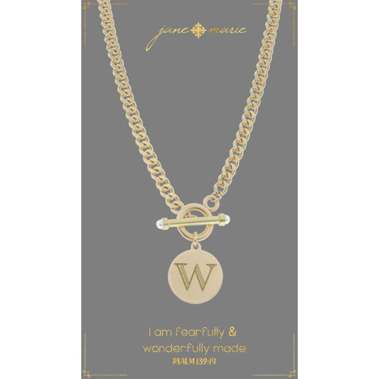 18" Engraved Initial "W" with Pearl Embellished Toggle Necklace