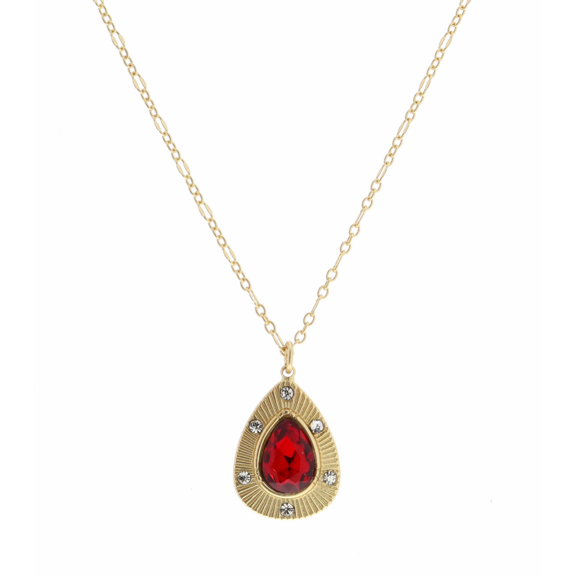 16" Teardrop with Center Ruby Teardrop Crystal Necklace, 3" Ext