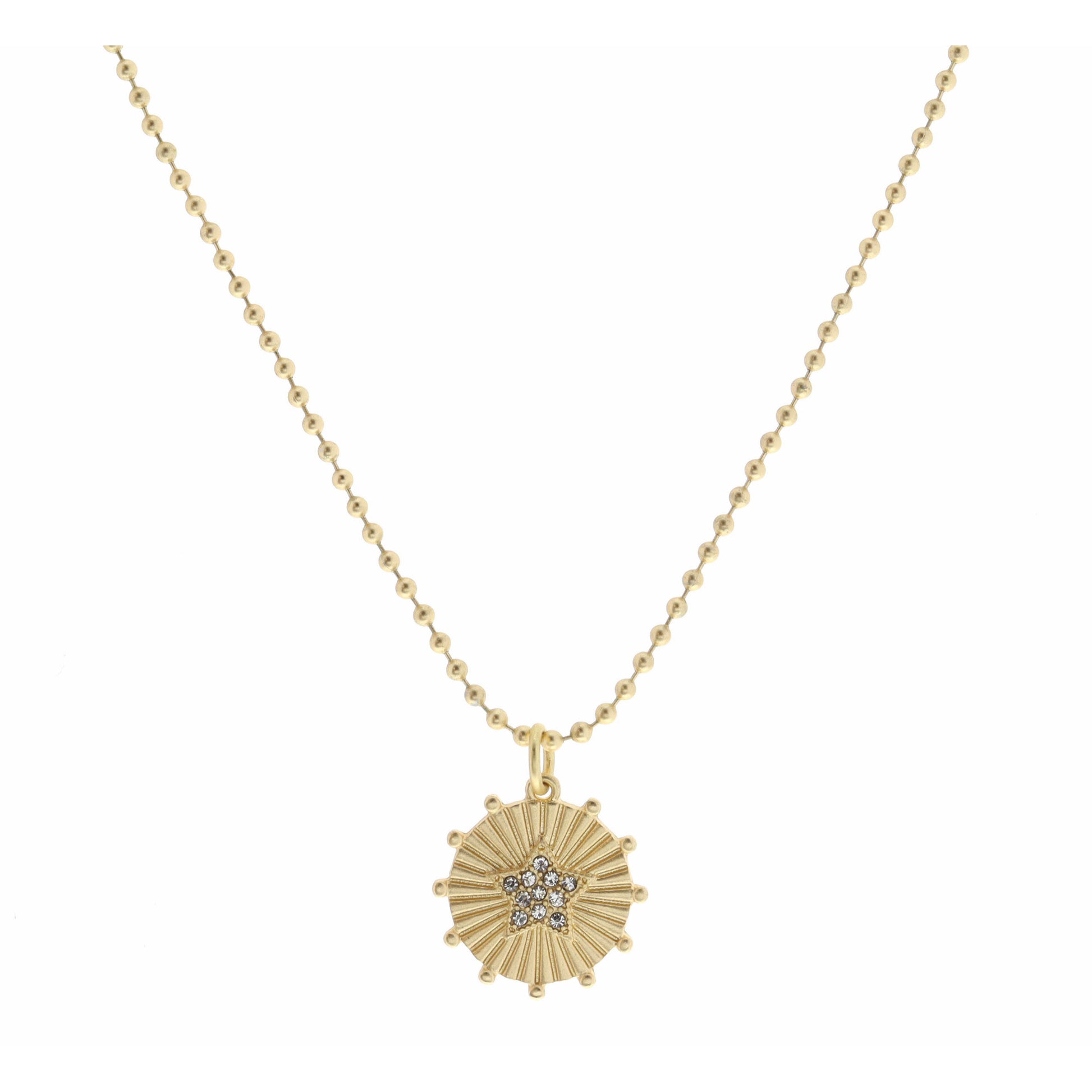 Kids 14" Clear Crystal Star on Gold Disc with Studs Necklace, 3" Ext