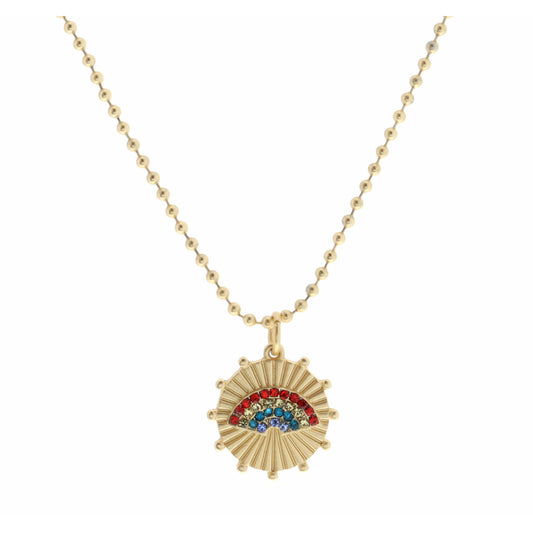 Kids 14" Red Crystal Rainbow on Gold Disc with Studs Necklace, 3" Ext