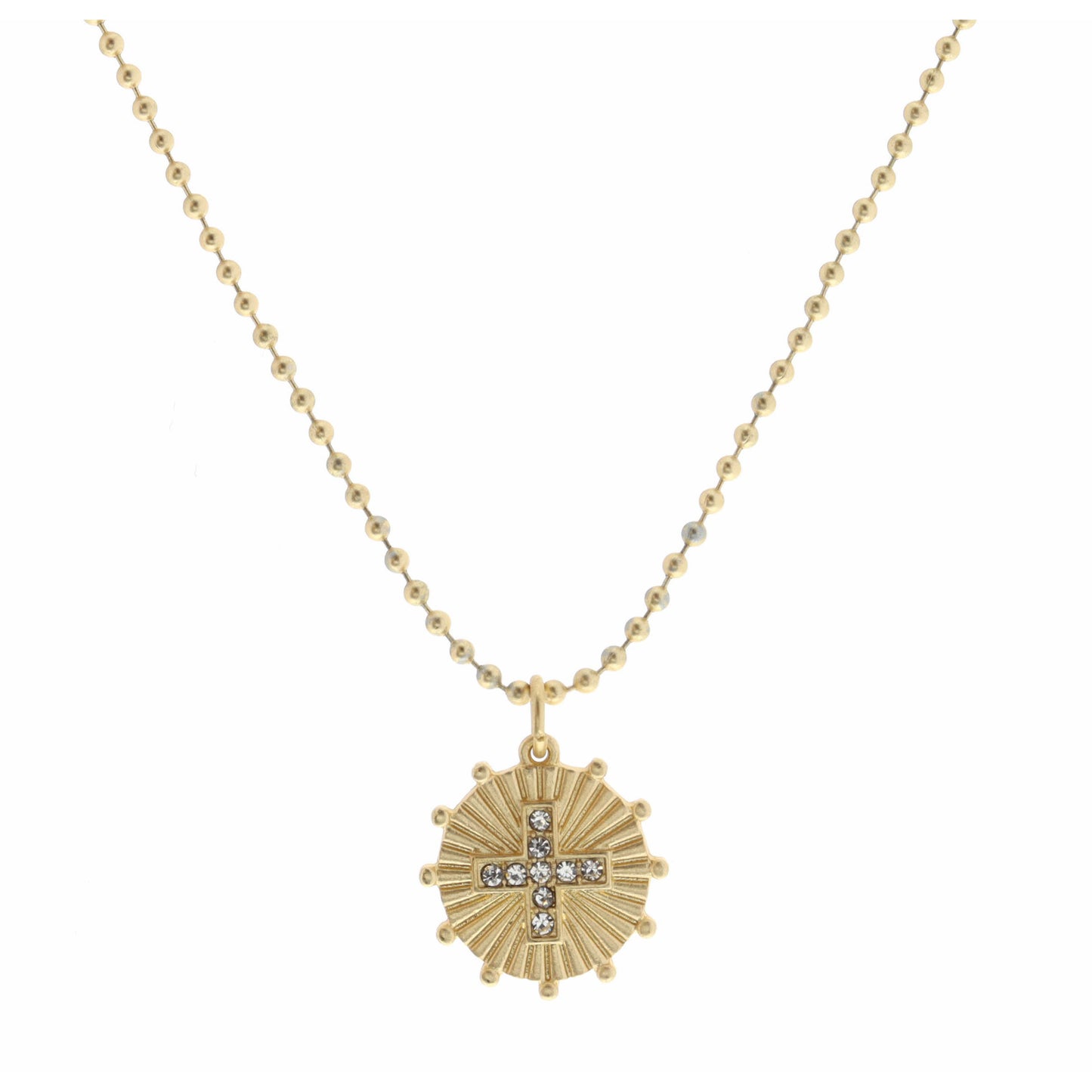 Kids 14" Clear Square Cross on Gold Disc with Studs Necklace, 3" Ext