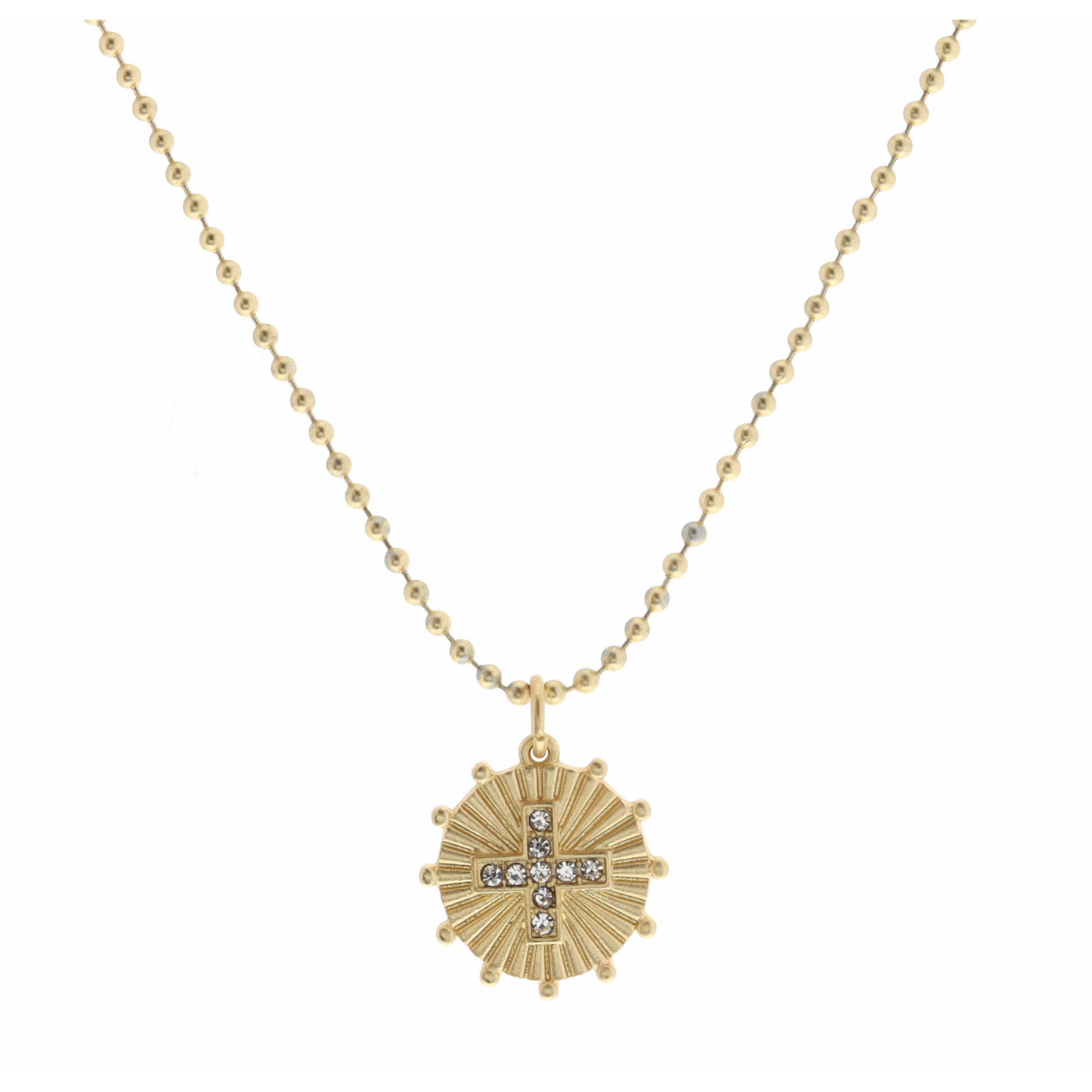 Kids 14" Clear Square Cross on Gold Disc with Studs Necklace, 3" Ext