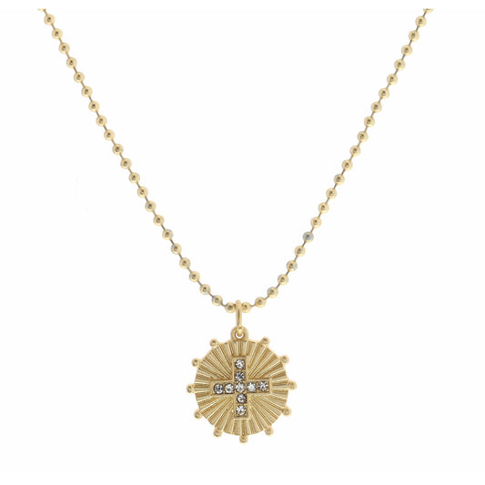 Kids 14" Clear Square Cross on Gold Disc with Studs Necklace, 3" Ext