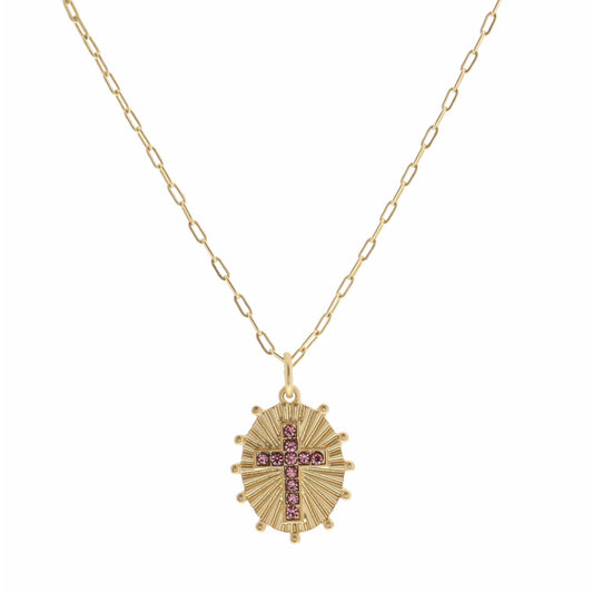 Kids 14" Pink Crystal Cross on Gold Oval Disc with Studs Necklace, 3" Ext