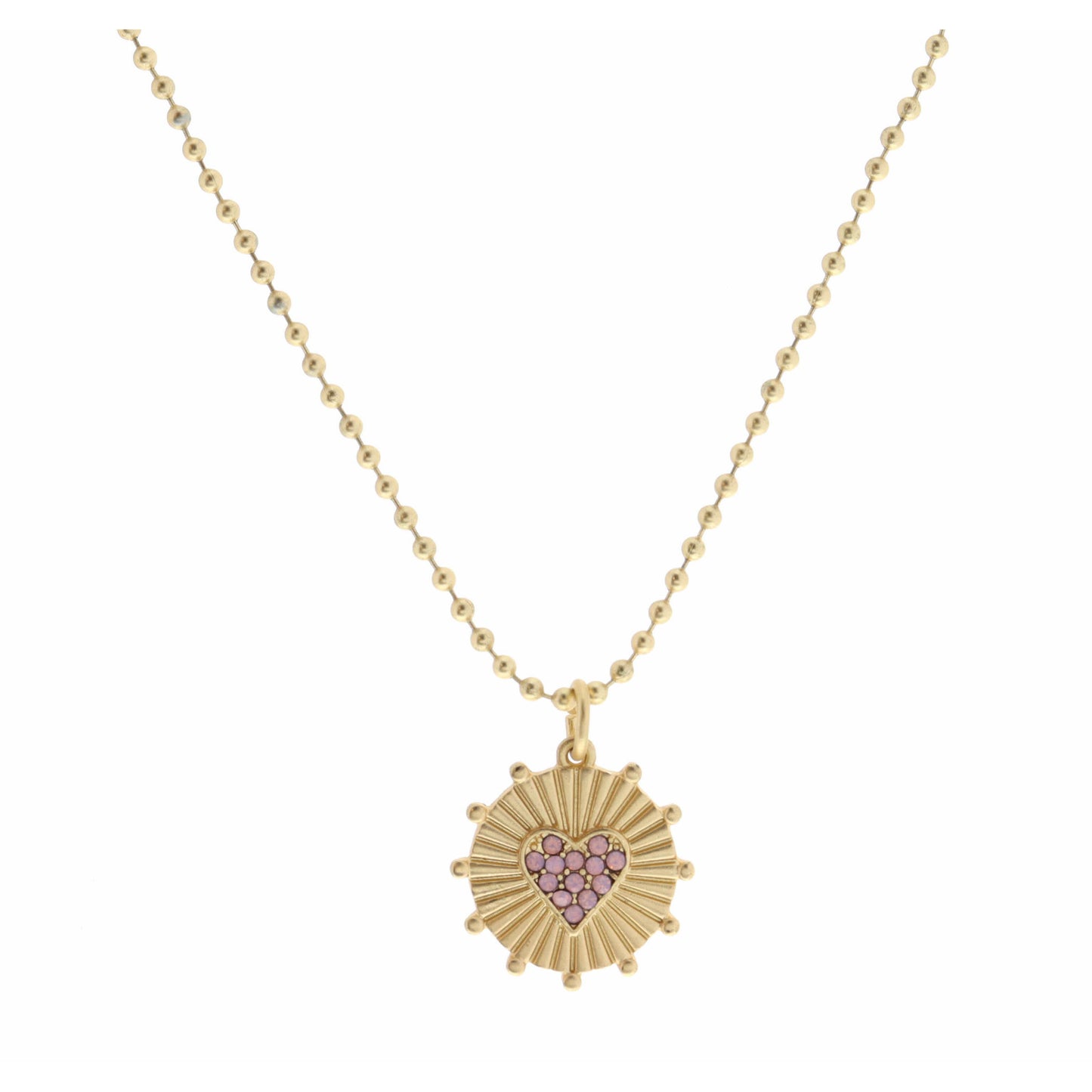 Kids 14" Light Pink Crystal Heart on Gold Disc with Studs Necklace, 3" Ext