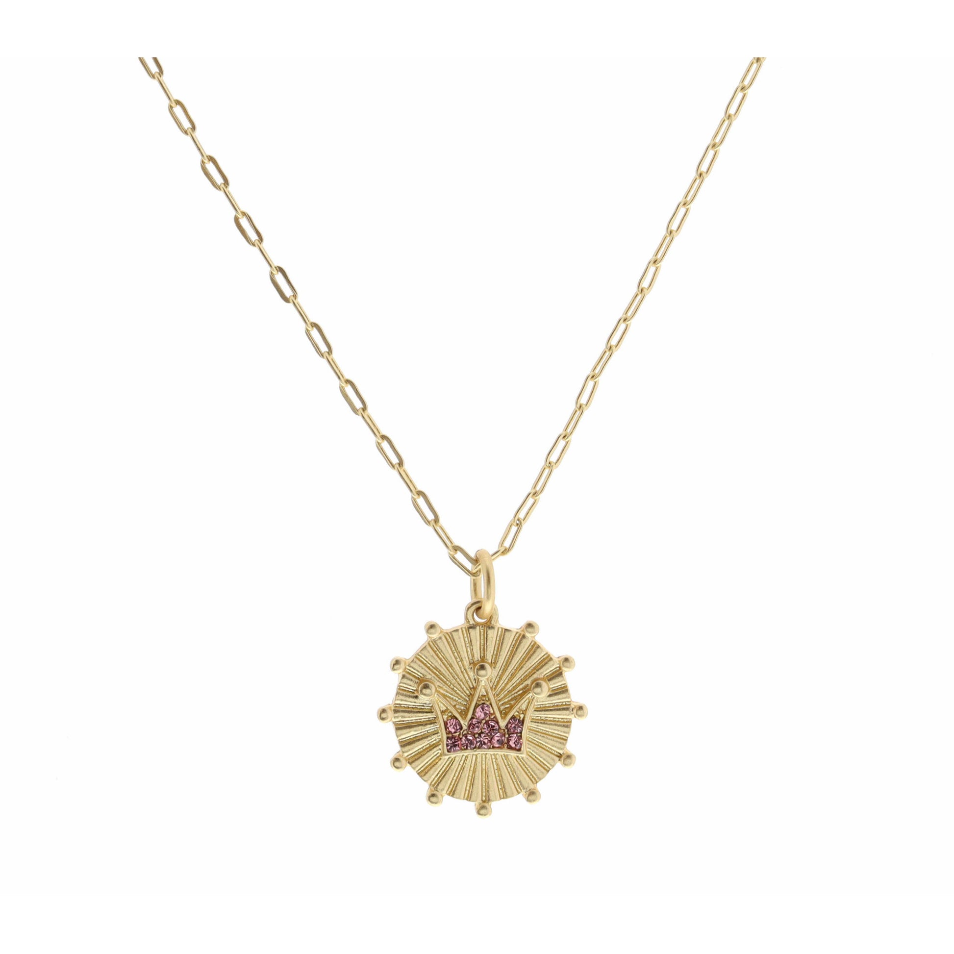Kids 14" Pink Crystal Crown on Gold Disc with Studs Necklace, 3" Ext