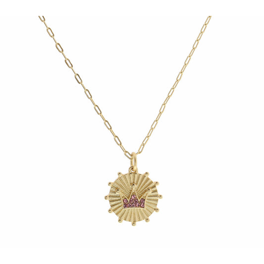 Kids 14" Pink Crystal Crown on Gold Disc with Studs Necklace, 3" Ext