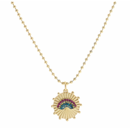 Kids 14" Pink Crystal Rainbow on Gold Disc with Studs Necklace, 3" Ext