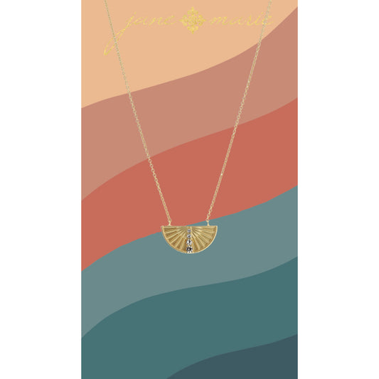 16" Gold Textured Half Circle with Center Crystal Line Necklace, 3" Ext
