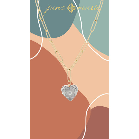 16" Silver Textured Heart with Center Crystal Necklace, 3" Ext