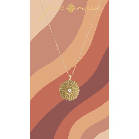 16" Gold Textured Disc with Center Pearl Necklace, 3" Ext