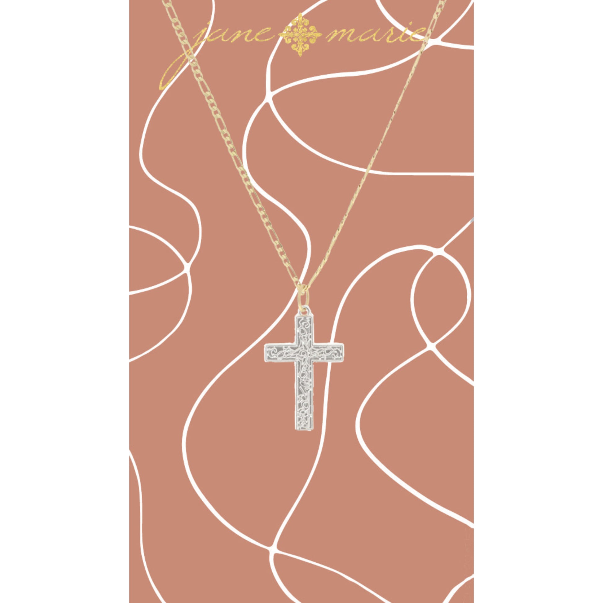 16" Silver Cross with Inside Decorative Design Necklace, 3" Ext