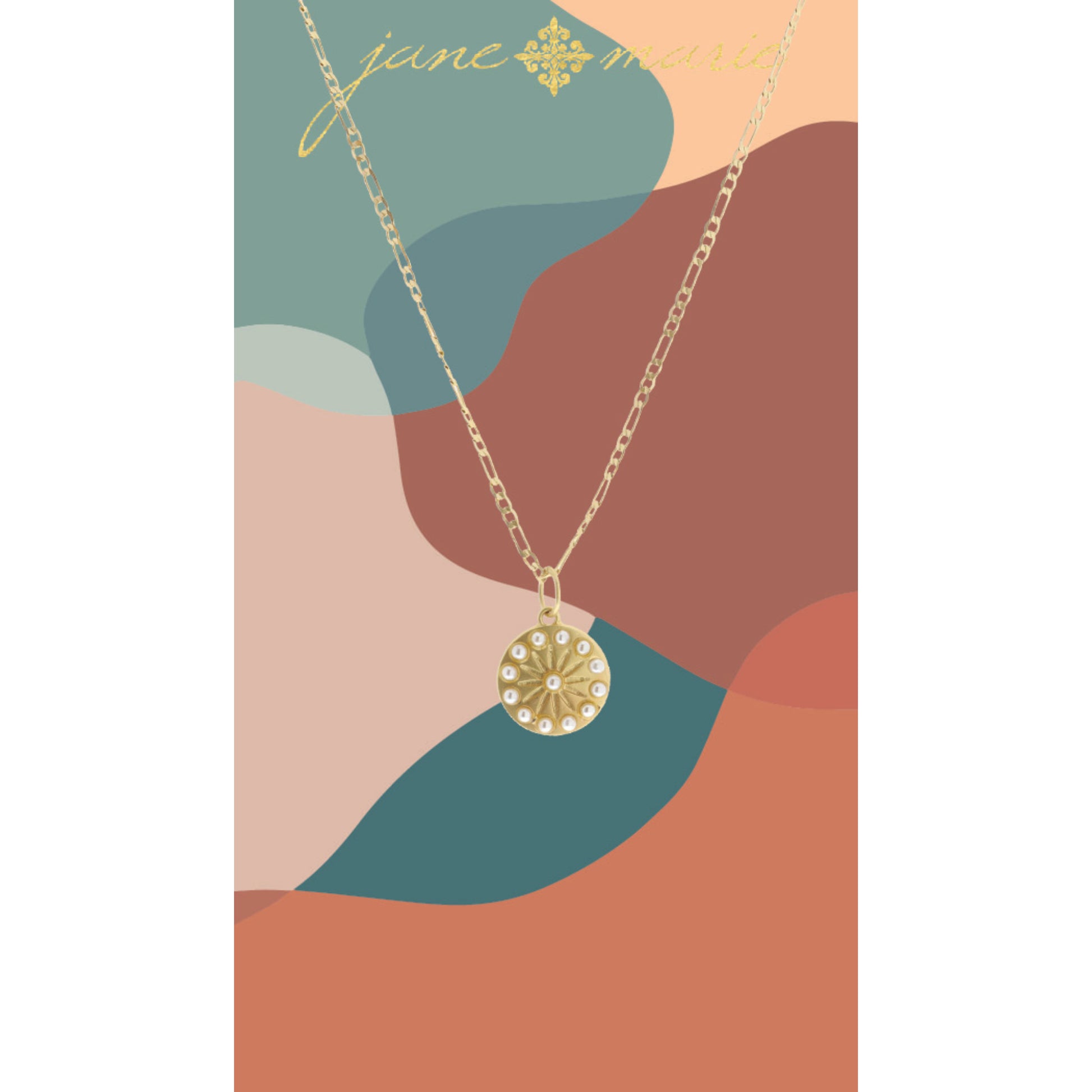 16" Gold Disc with Starburst and Mini Pearls Necklace, 3" Ext
