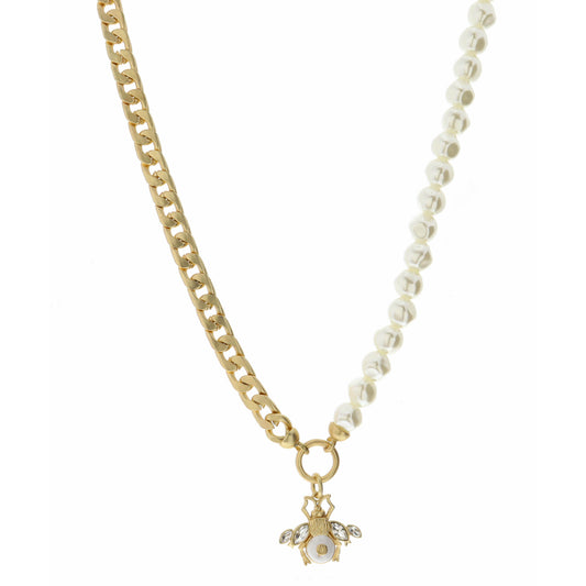 18" Half Pearl, Half Gold Chain, Gold Bee with White Necklace, 3" Ext