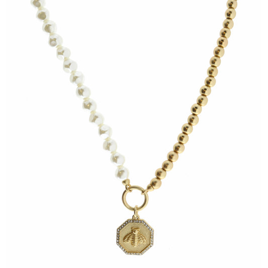 18" Half Pearl, Half Gold Beaded, Bee on Gold Hexagon Necklace, 3" Ext