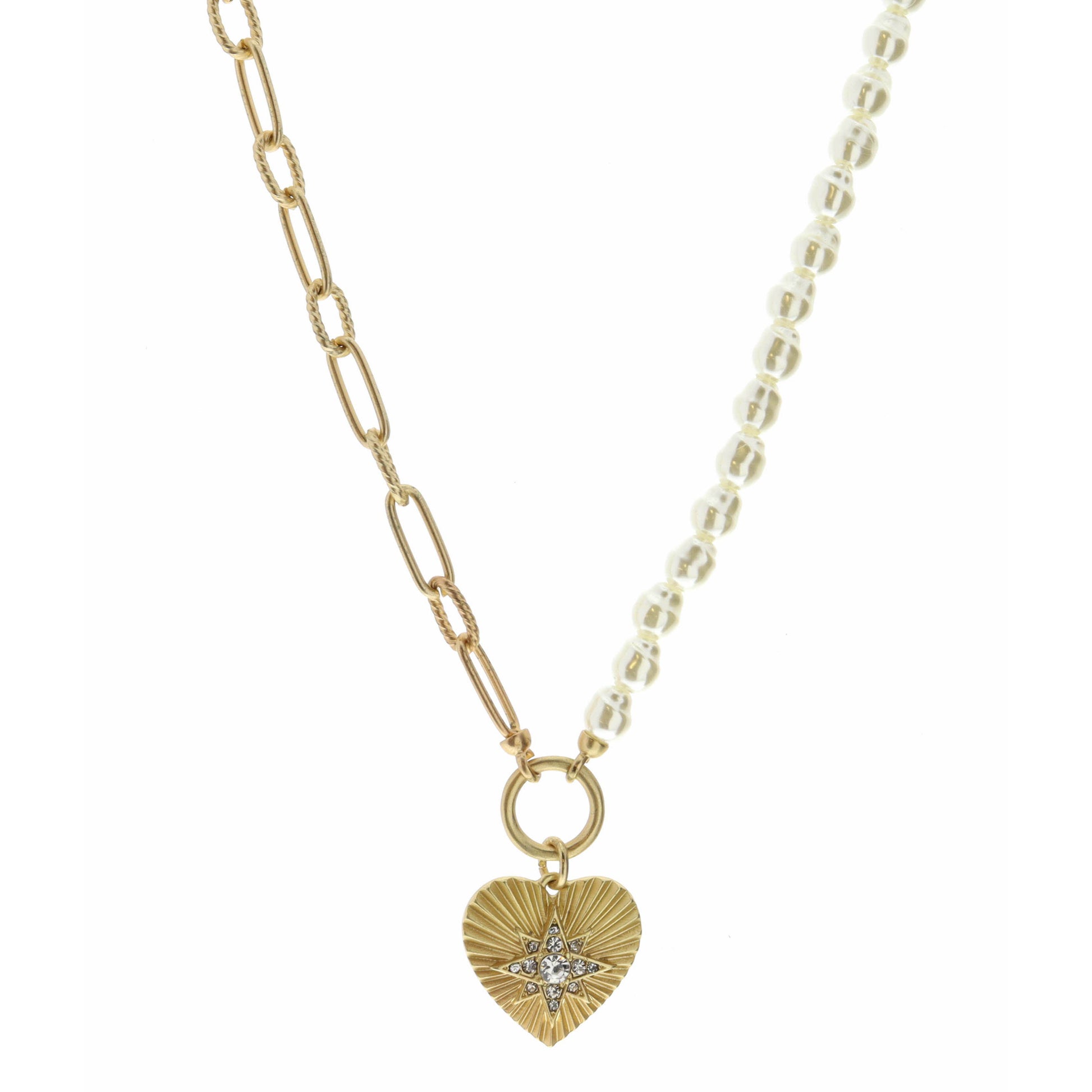 18" Half Pearl, Half Gold Chain, Textured Gold Heart Necklace, 3" Ext