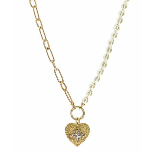 18" Half Pearl, Half Gold Chain, Textured Gold Heart Necklace, 3" Ext