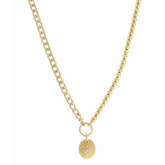 18" Half Gold Beaded, Half Gold Chain, Textured Oval Necklace, 3" Ext