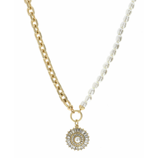 18" Half Pearl, Half Gold Chain, Clear Crystal, Pearl Necklace, 3" Ext
