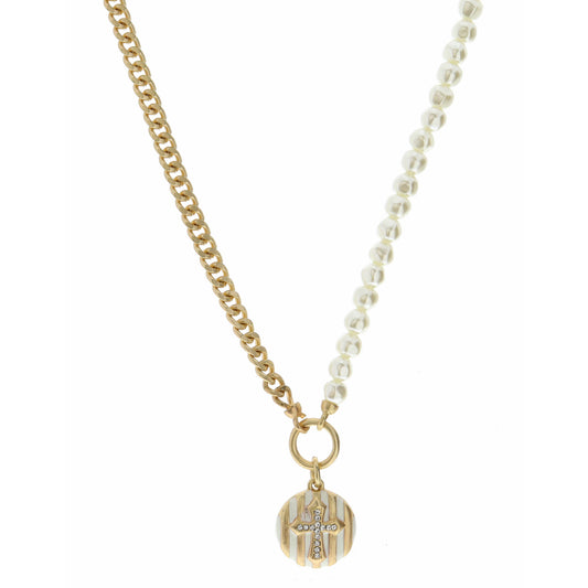 18" Half Pearl, Half Gold Chain, Cross, Striped Circle Necklace, 3" Ext