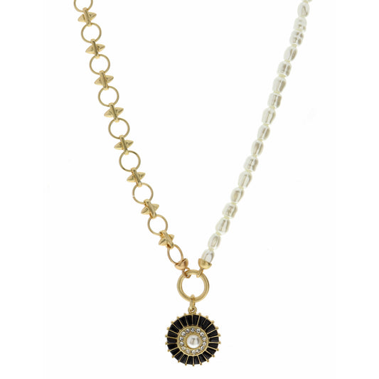 18" Half Pearl, Half Gold Chain, Jet Crystal, Pearl Necklace, 3" Ext