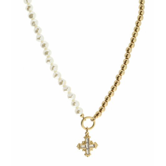 18" Half Pearl, Half Gold Beaded, Square Cross Crystal Necklace, 3" Ext