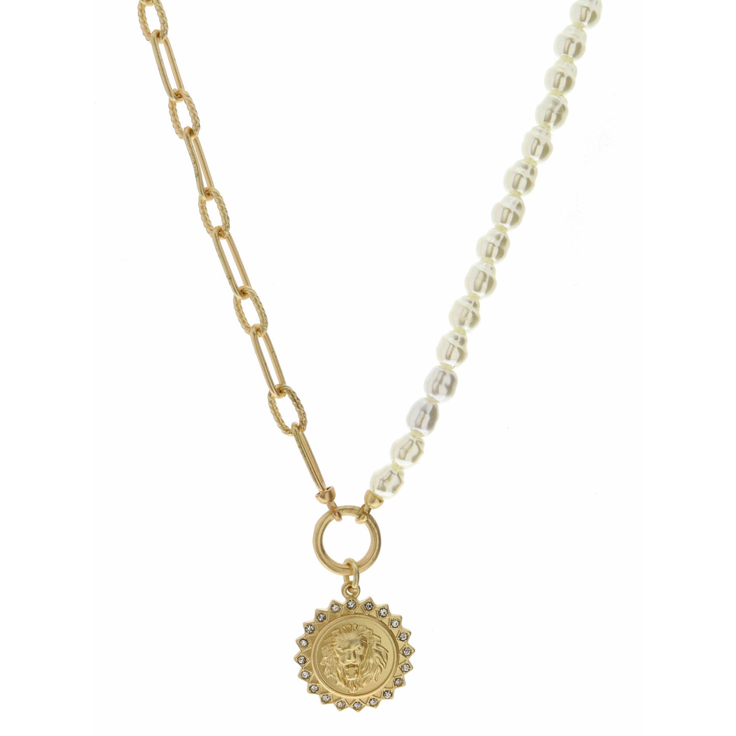 18" Half Pearl, Half Gold Chain, Lion Head on Gold Medal Necklace, 3" Ext