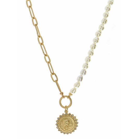 18" Half Pearl, Half Gold Chain, Lion Head on Gold Medal Necklace, 3" Ext