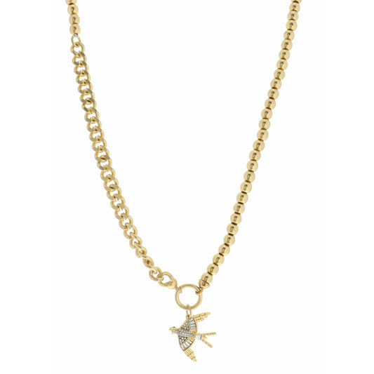 18" Half Gold Beaded, Half Gold Chain, Crystal Bird Necklace, 3" Ext