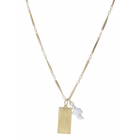 16" Gold Textured Rectangle and Baroque Cross Pearl Necklace, 3" Ext