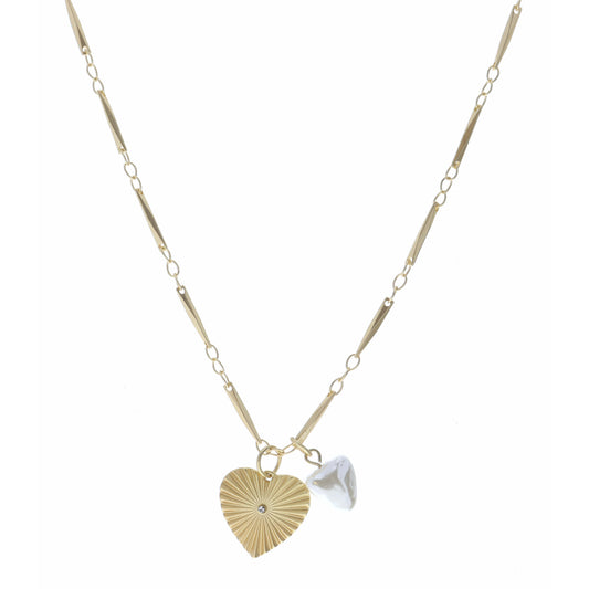 16" Gold Textured Heart with Center Crystal and Pearl Necklace, 3" Ext