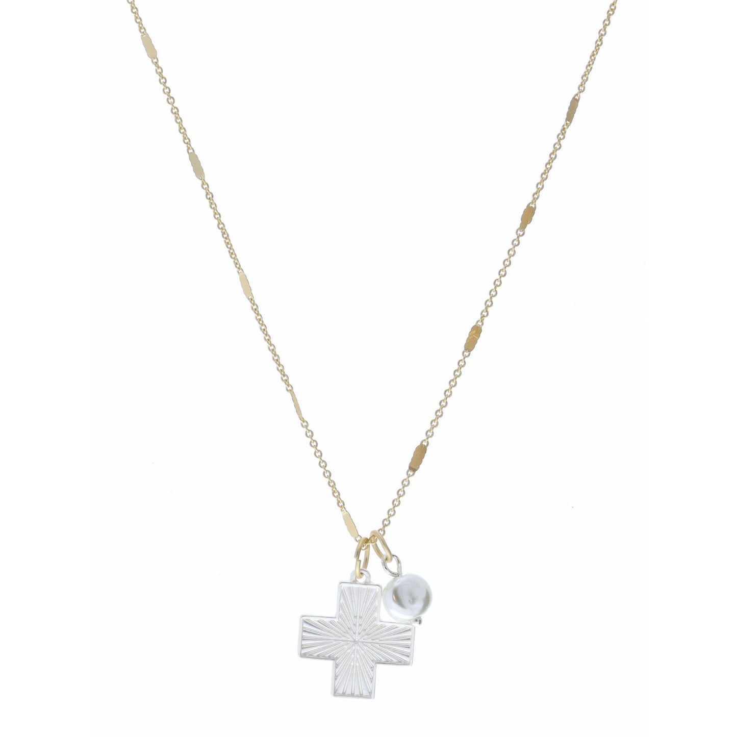 16" Silver Textured Square Cross and Coin Pearl Necklace, 3" Ext