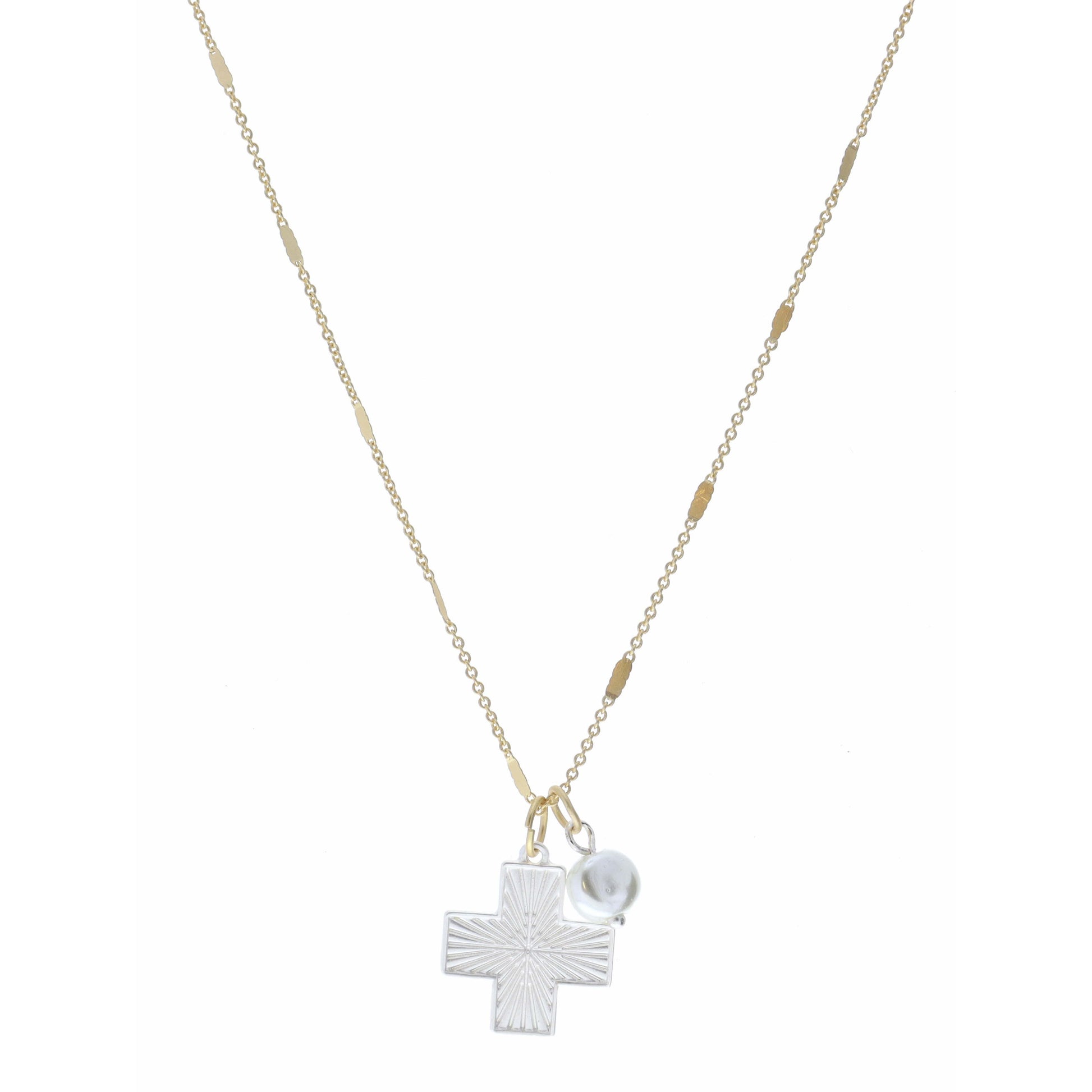 16" Silver Textured Square Cross and Coin Pearl Necklace, 3" Ext