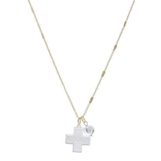 16" Silver Textured Square Cross and Coin Pearl Necklace, 3" Ext