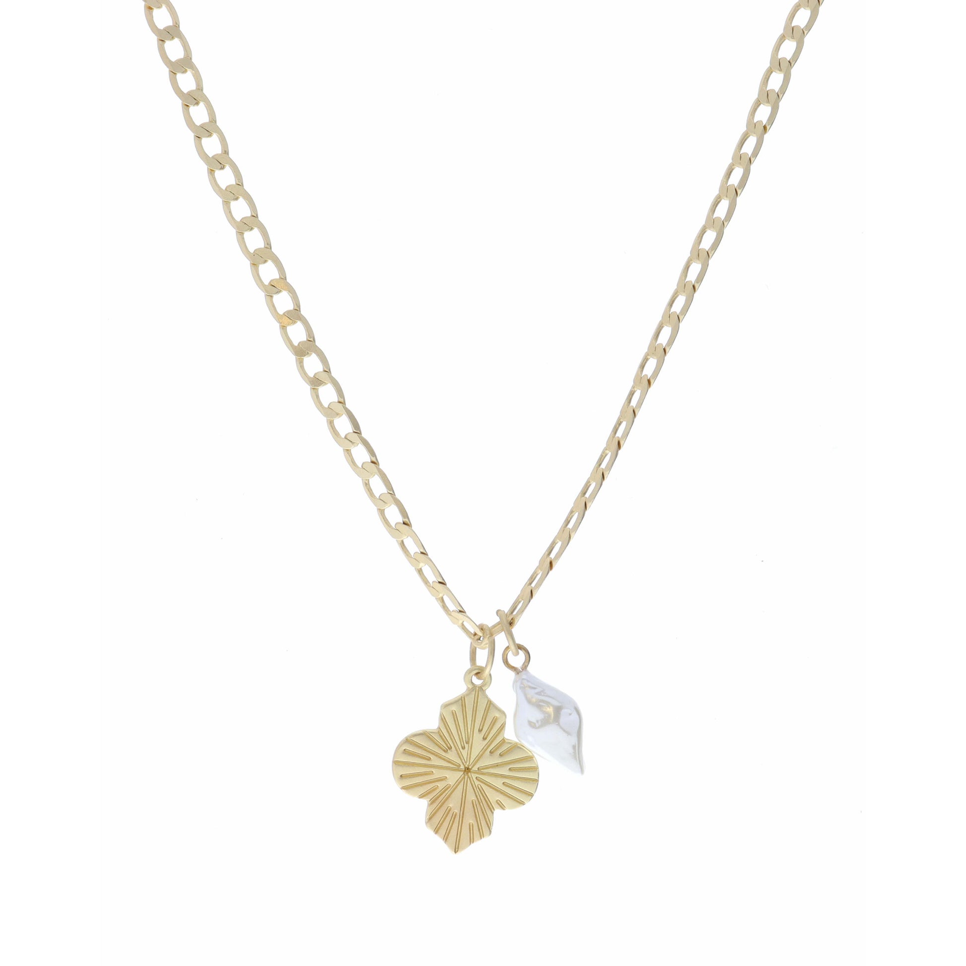 16" Gold Textured Ornate Shape and Diamond Pearl Necklace, 3" Ext