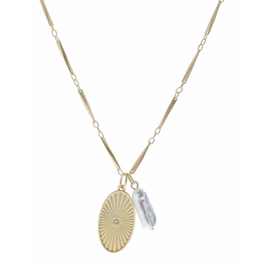 16" Gold Textured Oval with Center Crystal and Long Pearl Necklace, 3" Ext