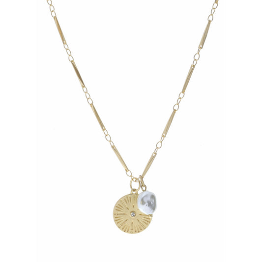 16" Gold Medallion Disc with Center Crystal and Pearl Necklace, 3" Ext