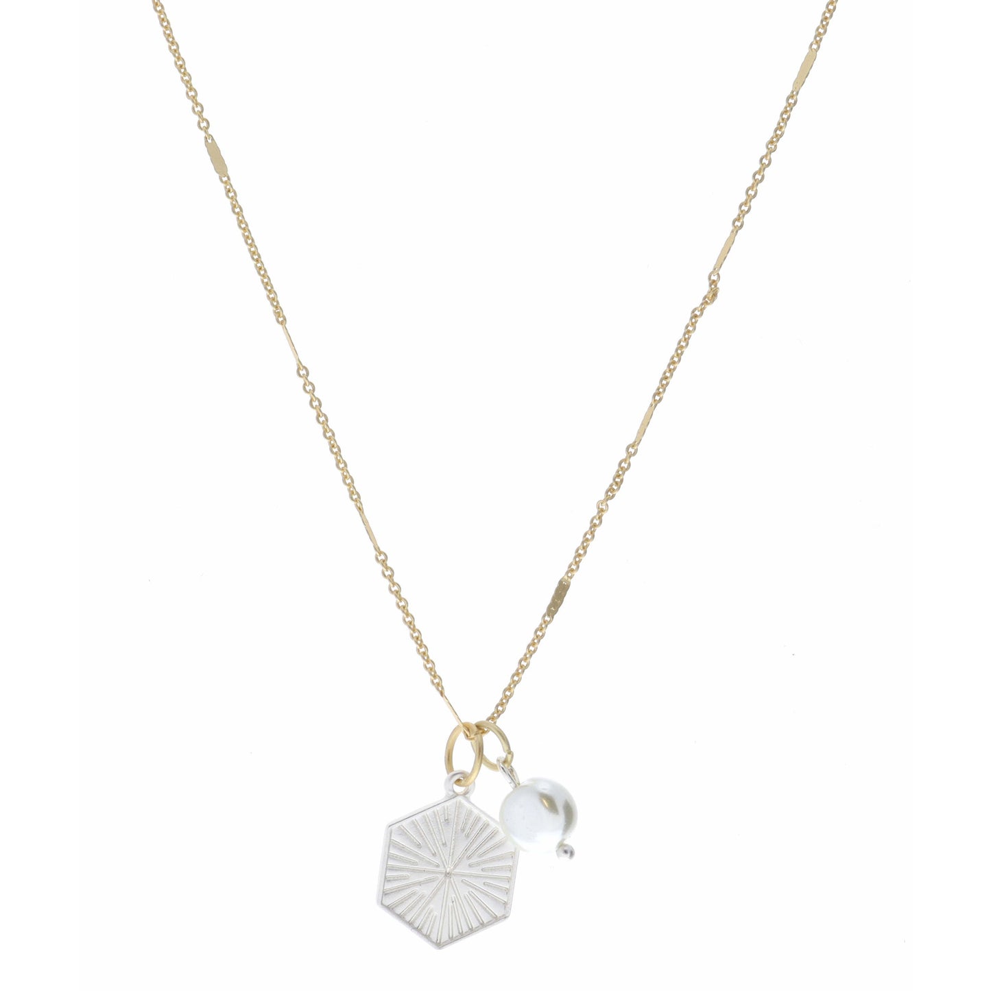 16" Silver Textured Hexagon and Coin Pearl Necklace, 3" Ext