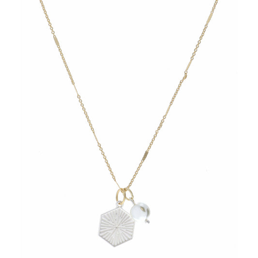 16" Silver Textured Hexagon and Coin Pearl Necklace, 3" Ext