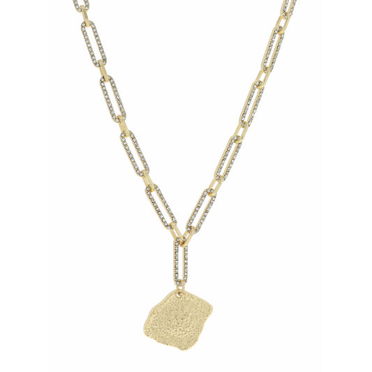 18" Crystal Oval Link Chain and Textured Freeform Shape Necklace, 3" Ext