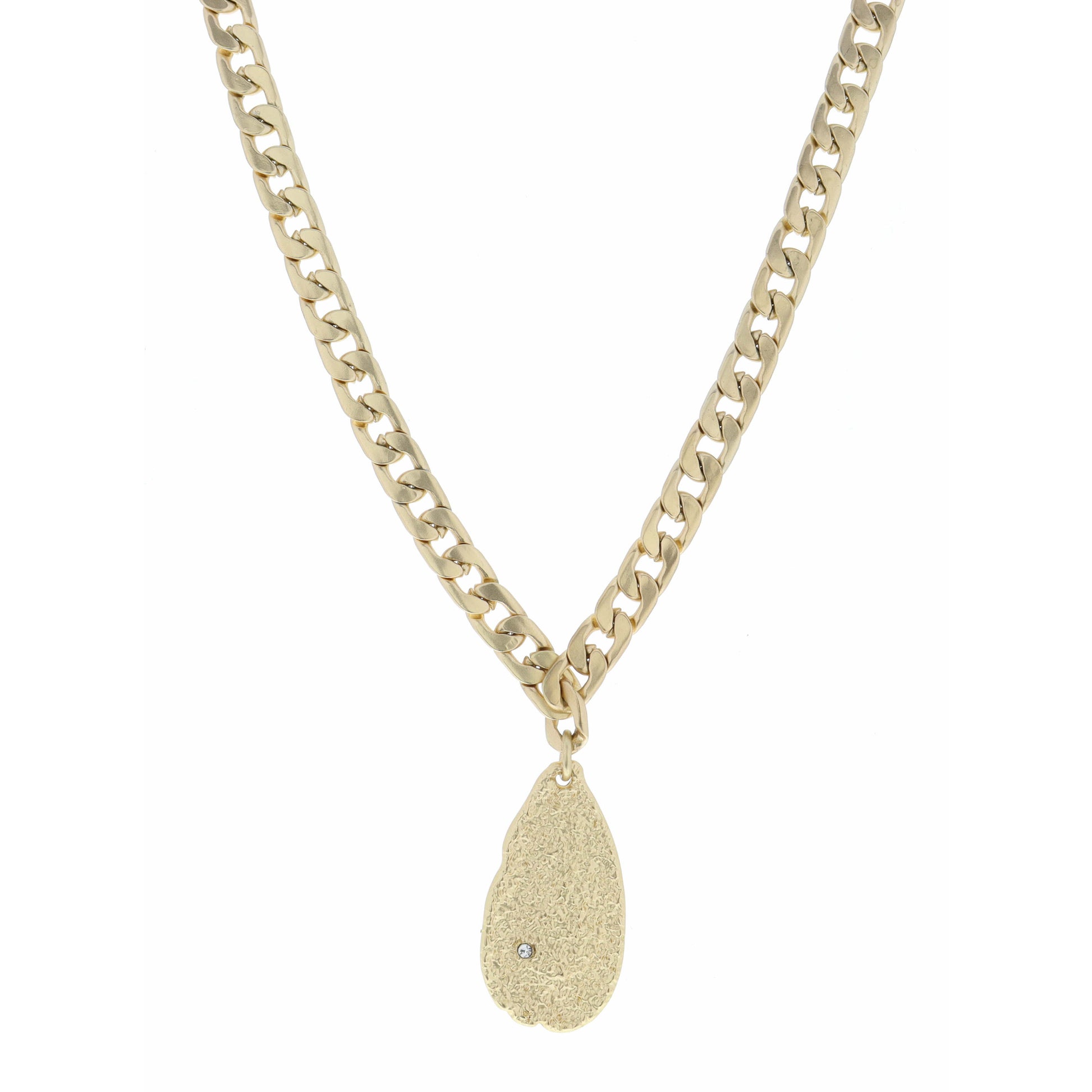 18" Thick Curb Chain and Textured Teardrop with Crystal Necklace, 3" Ext